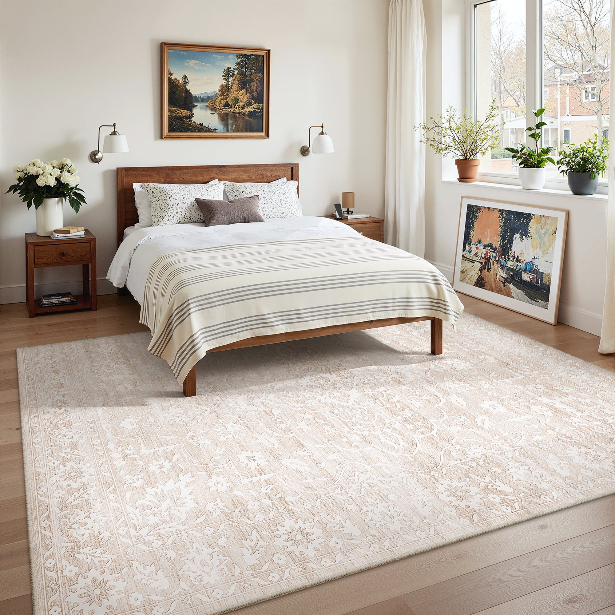 Roxstand 6x9 Area Rugs for Living Room, Stain Resistant Floral Vintage Washable Rugs, Non-Slip Thin Farmhouse Beige Rugs(6'x9', Beige)