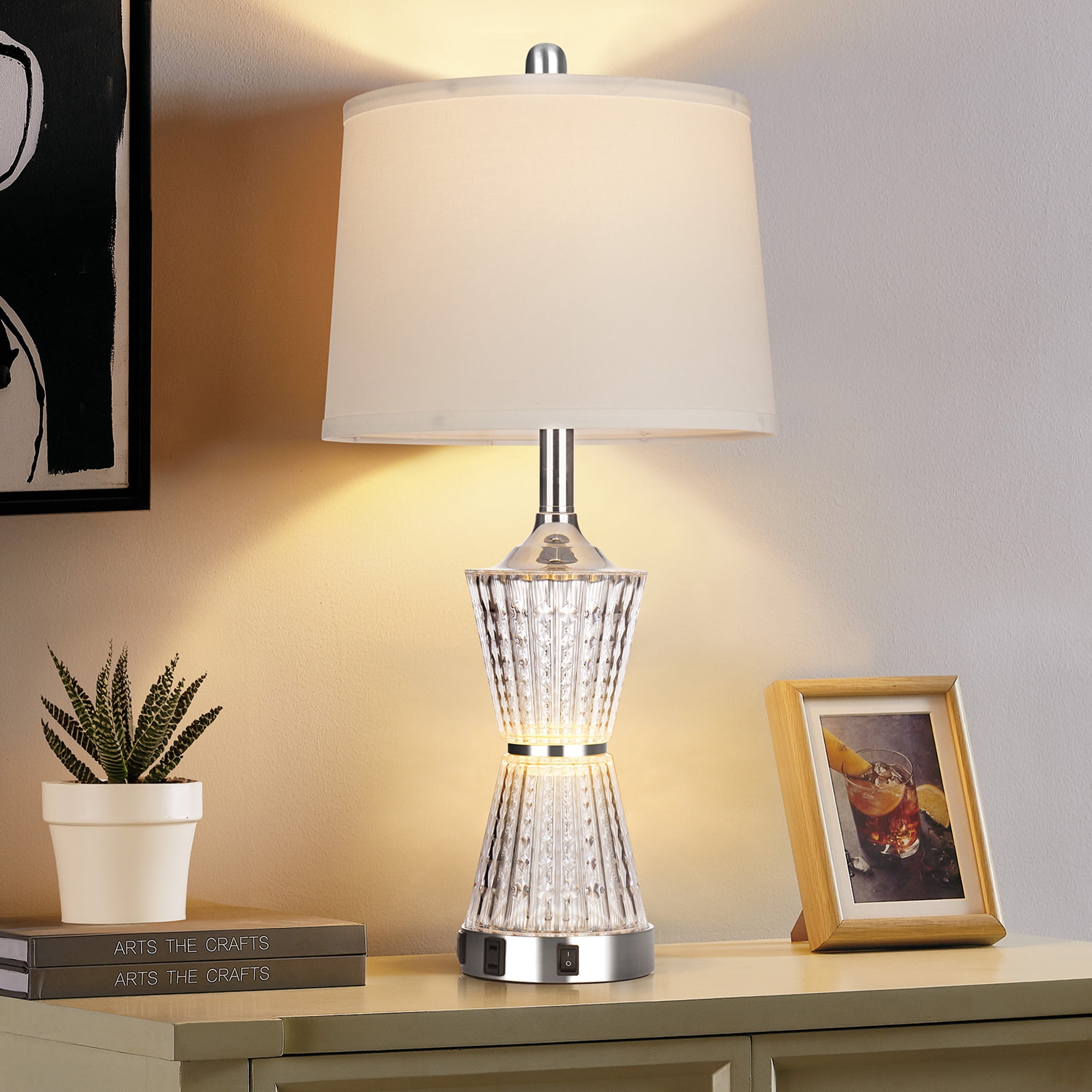Cinkeda Acrylic Table Lamps Set of 2 with Night Light USB Ports AC Outlet Modern Nightstand Lamp for Living Room Bedroom(2 Bulbs)