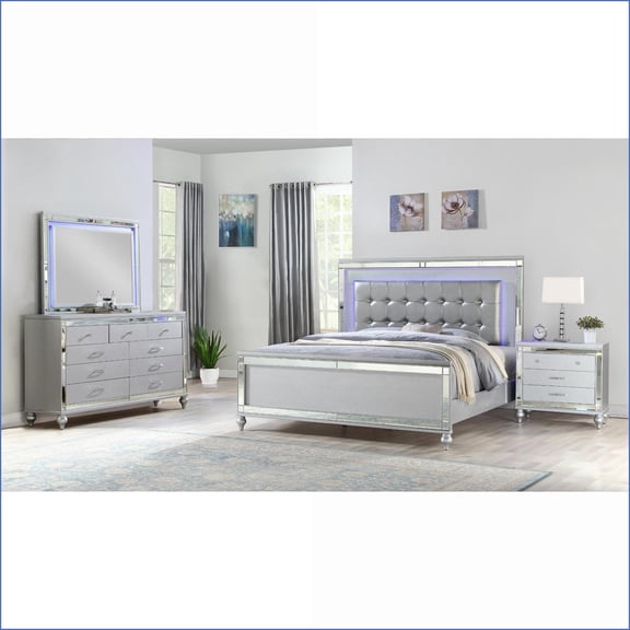 King 4 PC Glam Bedroom Set with LED Lights, Brushed Silver Wood | Wood | Standard Beds