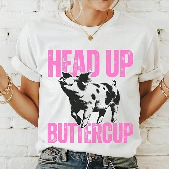Retro Funny Pig Head Up Buttercup Graphic Tee Women Short Sleeve Motivational Farm Animal Lover Cotton T-Shirt