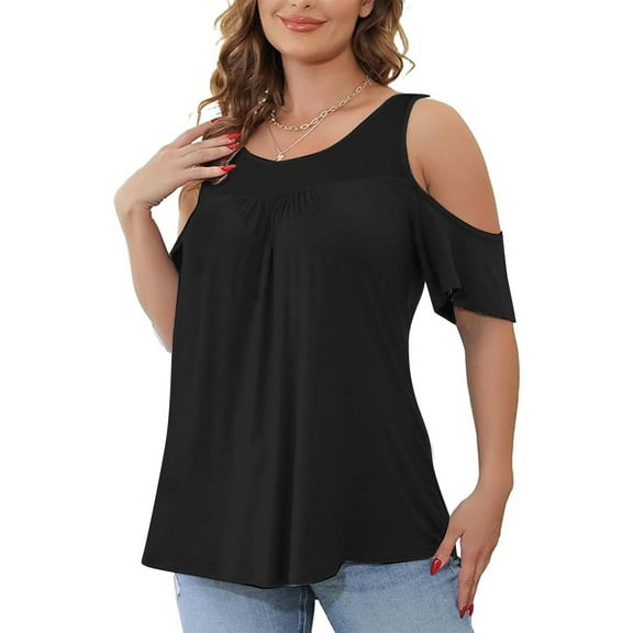 WXLWZYWL Plus Size Tops for Women Short Sleeve Round Neck Pleated Summer Lace Loose Casual Blouse Solid Color Tunic T Shirts