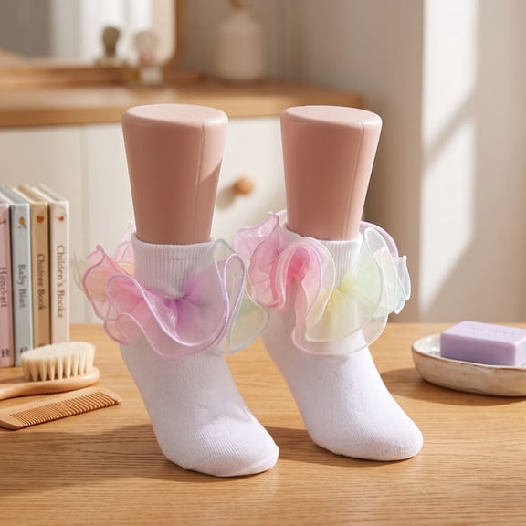 Big Ruffle Socks Double Lace Turn Cuff Girls Lace Princess Dance Socks with Ruffle Trim Breathable Cotton Frilly Cute Bobby Dress Sock for Kids