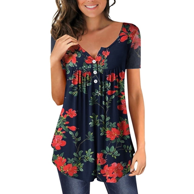 Gibobby Blusas Elegantes Para Mujer Camiseta plisada con estampado de flores y cuello de botones de manga corta para mujer, camiseta informal con ajuste floral, camiseta, blusa(Rojo, S)
