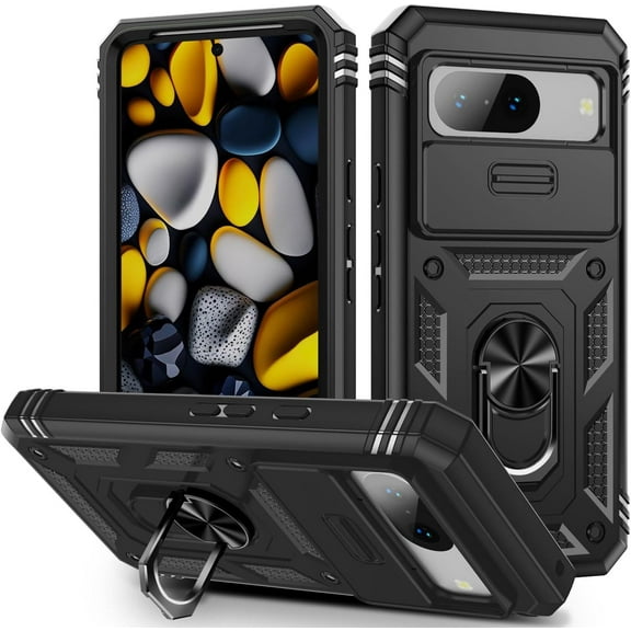 Case for Google Pixel 8, Camera Cover Phone Case with Rotation Ring Stand for Google Pixel 8 - Black