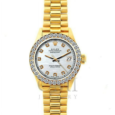 18k Yellow Gold Rolex Datejust Diamond Watch, 26mm, President Bracelet Old Lace Dial w/ Diamond Bezel, Rolex, Adult, Female
