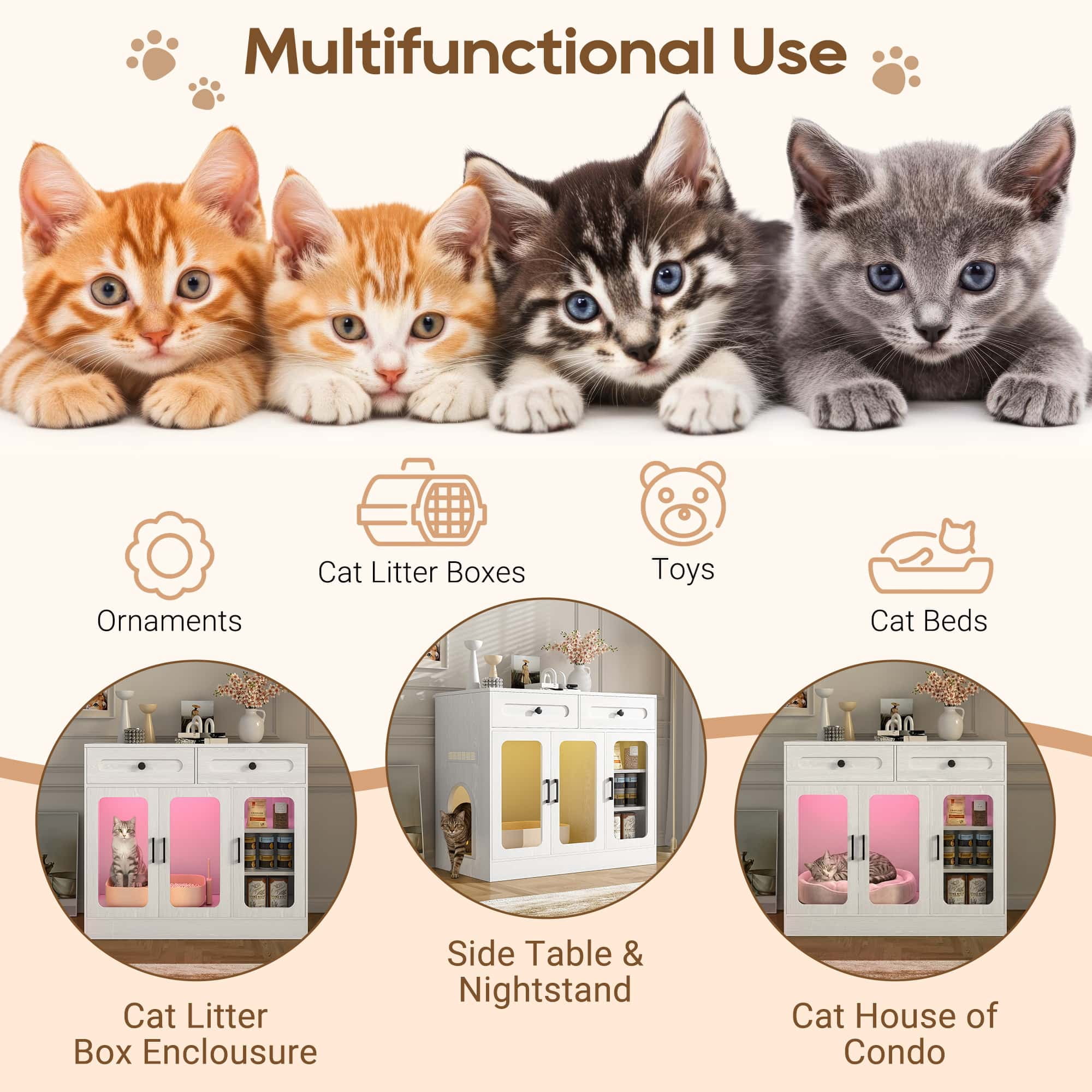 Cat Litter Box Enclosure with Glass Door and Side Access, Hidden Kitty Cabinet with Storage Drawers and Built-in Light, Indoor Cat House Side Table, White