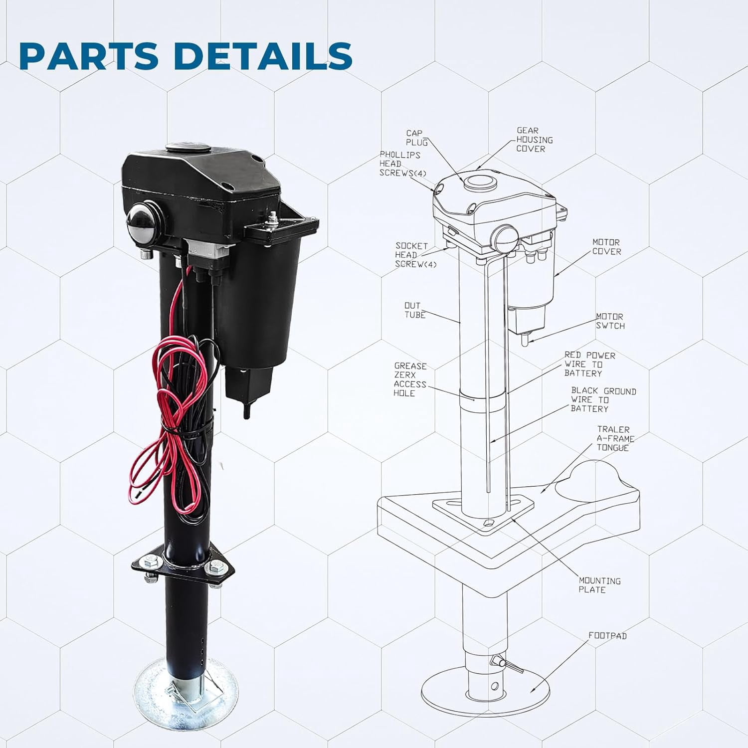 Dawot  3500 lbs Electric Trailer Jack, 12V DC, 27" Lift, with Drop Leg, for Travel, Trailer, Camper, Boats, & More