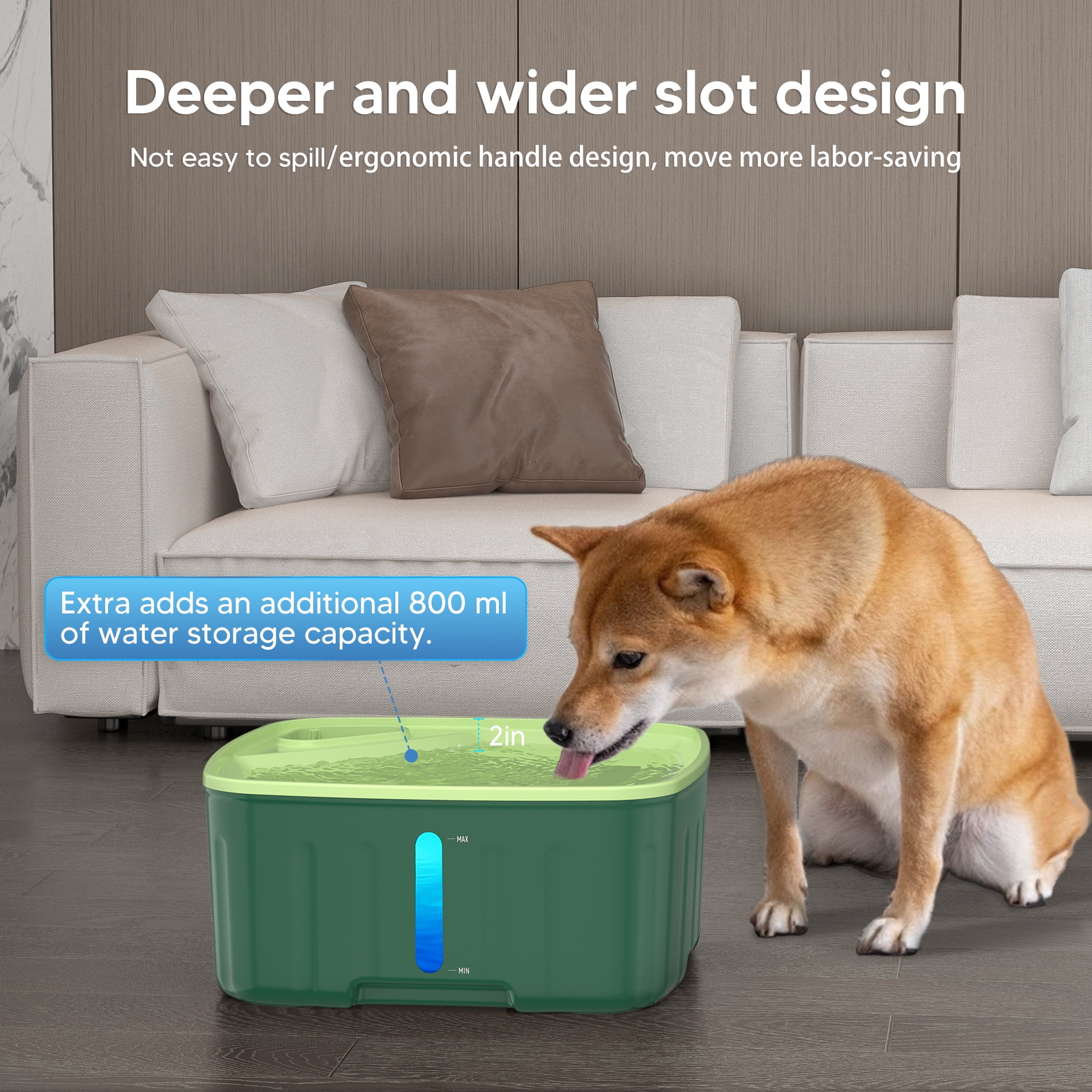 FURCLAN Large Dog Water Fountain 8L/2.1Gal Capacity, Wireless Automatic Pet Water Dispenser with Motion Sensor, Quiet Circulating Waterer for Multi-Pet Home, Green