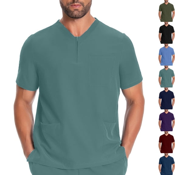 Men's Scrub Tops V Neck Short Sleeve Nursing Uniform Healthcare Workwear with 3 Pockets Quarter Zip 4-Way Stretch Lightweight Breathable Scrubs Shirt for Dental & Clinic & Veterinary