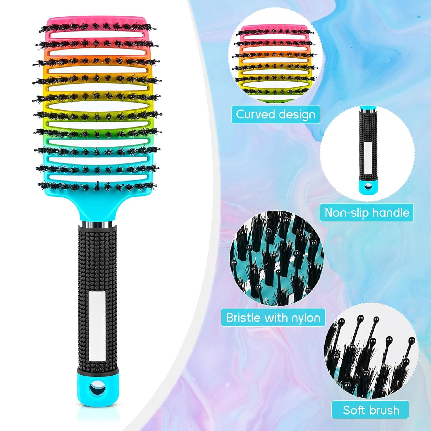 Curved Vented Brush for Wet & Dry Hair, Detangling Brush for Blow Drying, 2 Pack (Light Blue + Rainbow)