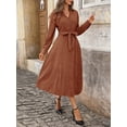 thumbnail image 2 of Women's Long Sleeve Button Front Belted Midi Dress 95% Polyester 5% Elastane for Elegant Everyday Wear For Daily Use, 2 of 11