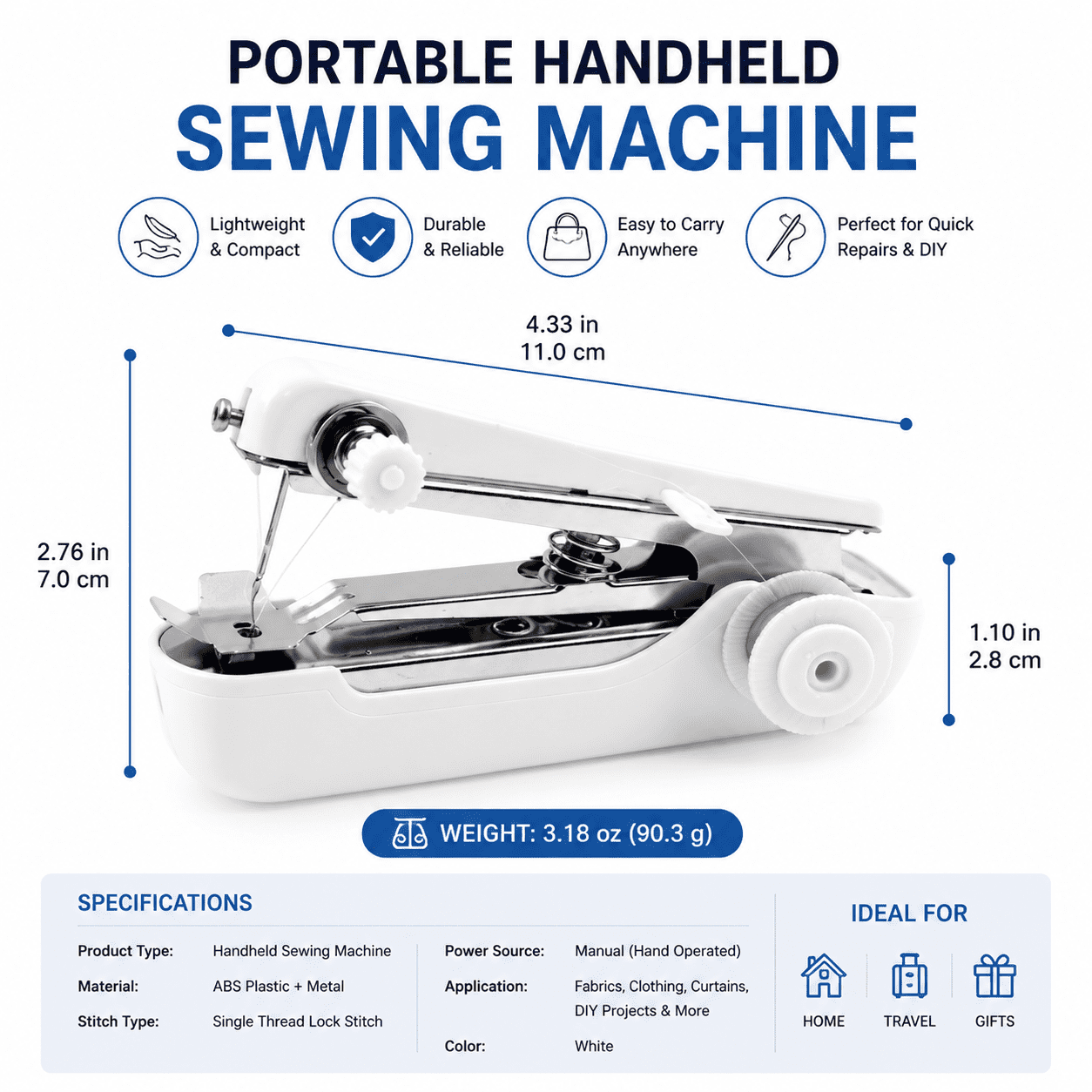 White Spring come Handheld Mini Sewing Machine, Portable Manual Pocket Stitch Tool, Compact Lightweight Sewing Device for Clothing Repair, Home DIY Crafts, Travel Emergency Fabric Mending