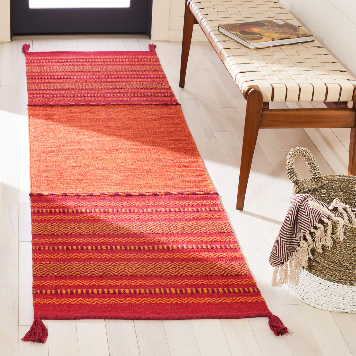 thumbnail image 2 of SAFAVIEH Montauk Ben Striped Soft Braided Cotton Runner Rug, Orange/Red, 2'6" x 12', 2 of 8