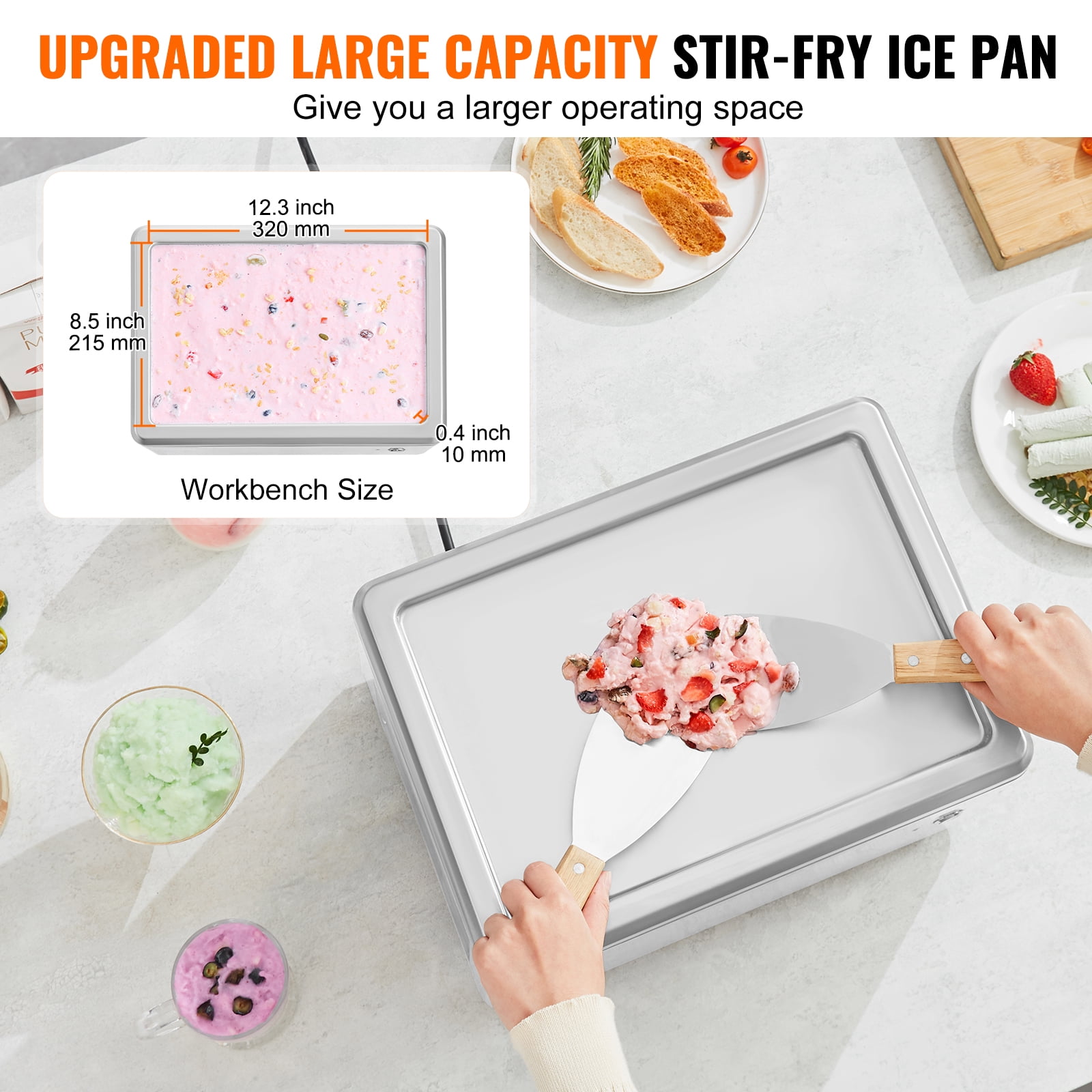 KFFKFF Ice Cream Roll Maker, 12.6" x 8.5" Pan for Stir-Fried Ice Cream, Stainless Steel with Compressor & 2 Scrapers, Ideal for Ice Cream, Frozen Yogurt, Ice Cream Rolls