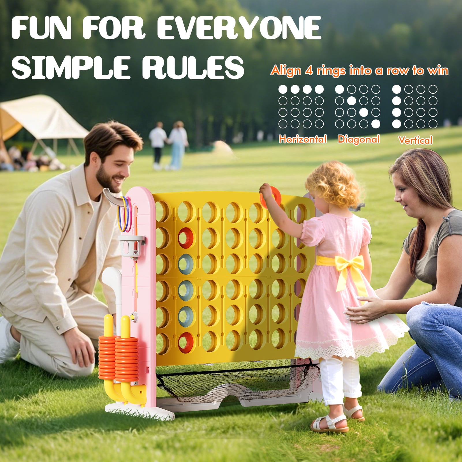Wdmiya Jumbo 4-to-Score Giant Game Set, 4-in-a-Row Connect Game for Adults Kids Family Fun, Indoor Outdoor Adjustable Height Yard Family Game with w/ Golf Set, Basketball Hoop, Yellow Pink