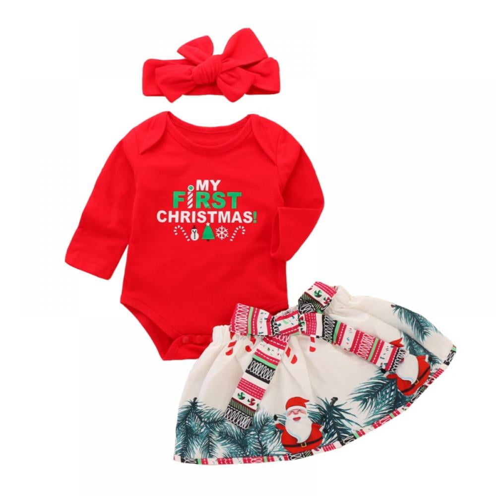3pcs Kids Baby Girl My First Christmas Romper Tutu Skirt Dress Outfits Xmas Set 