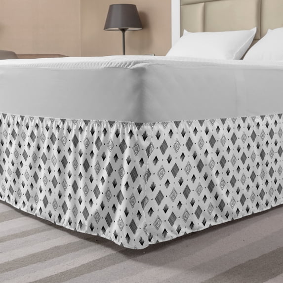 Rhombus Print Bed Skirt, Tribal Inspired Monochrome Style Scribbles and Streaks Drawn by Hand, Elastic Bedskirt Dust Ruffle Wrap Around for Bedding Decor, 4 Sizes, Charcoal Grey White, by Ambesonne