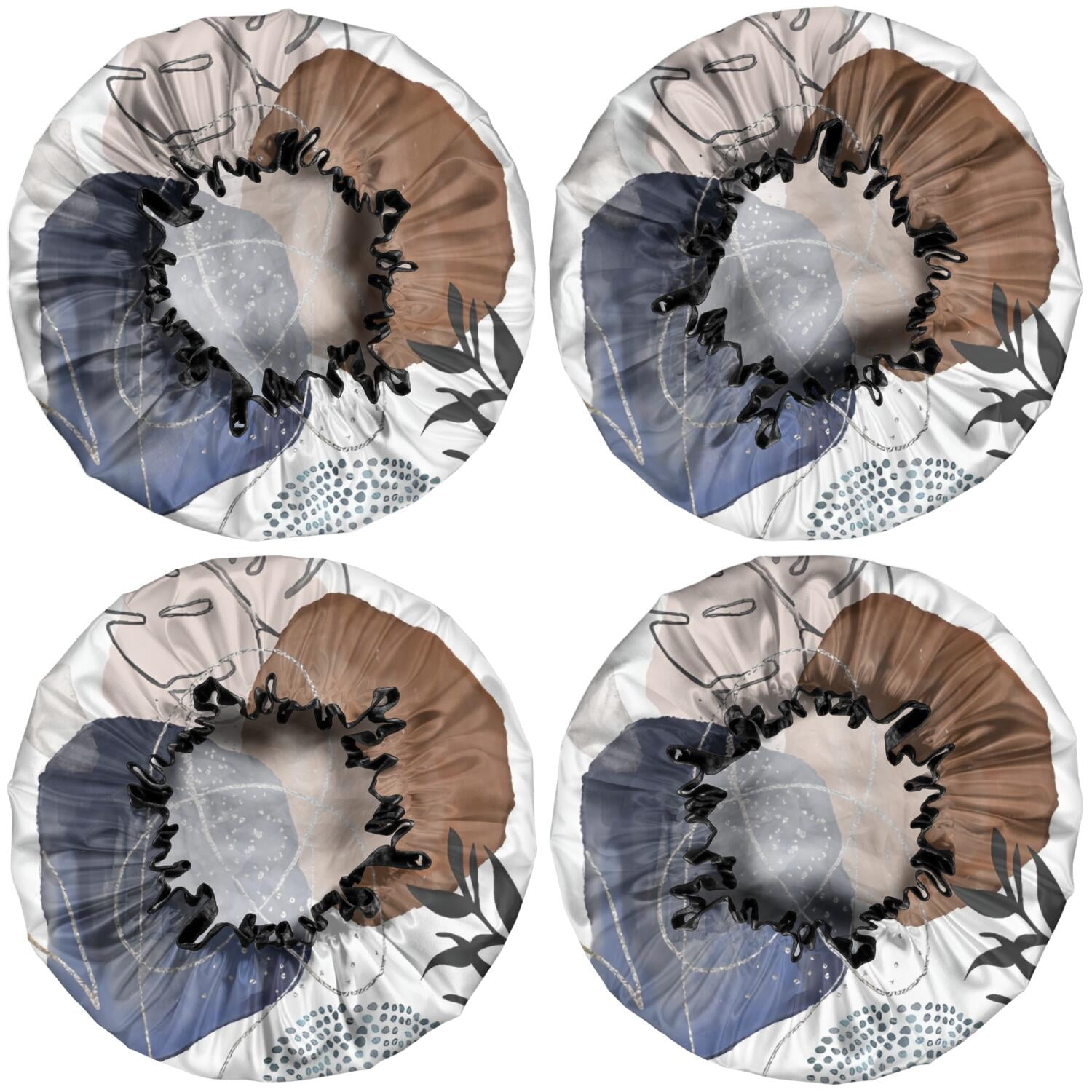 Shower Caps,Blue Boho Abstract and Plant Pattern Waterproof Shower Cap for Women 4 Pieces,Double Reusable Hair Cover for Shower PEVA Elastic Stretch Hem