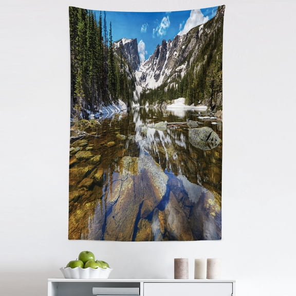America Tapestry, Dream Mirroring Lake at the Mountain Park in West America River Snow Print, Fabric Wall Hanging Decor for Bedroom Living Room Dorm, 5 Sizes, Green Brown Blue, by Ambesonne