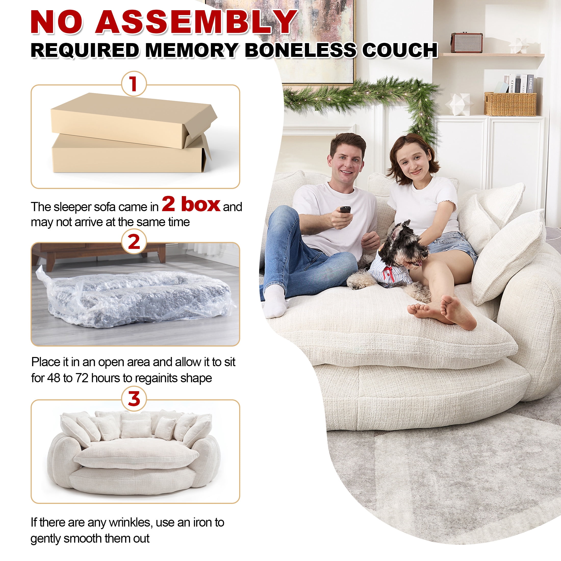 Aukfa 81.1" Oversized Cloud Couch Sleeper Sofa with Round Chaise Lounge, Modern Chenille Upholstered Boneless Sofa with Memory Foam and 14 Pillows, Beige