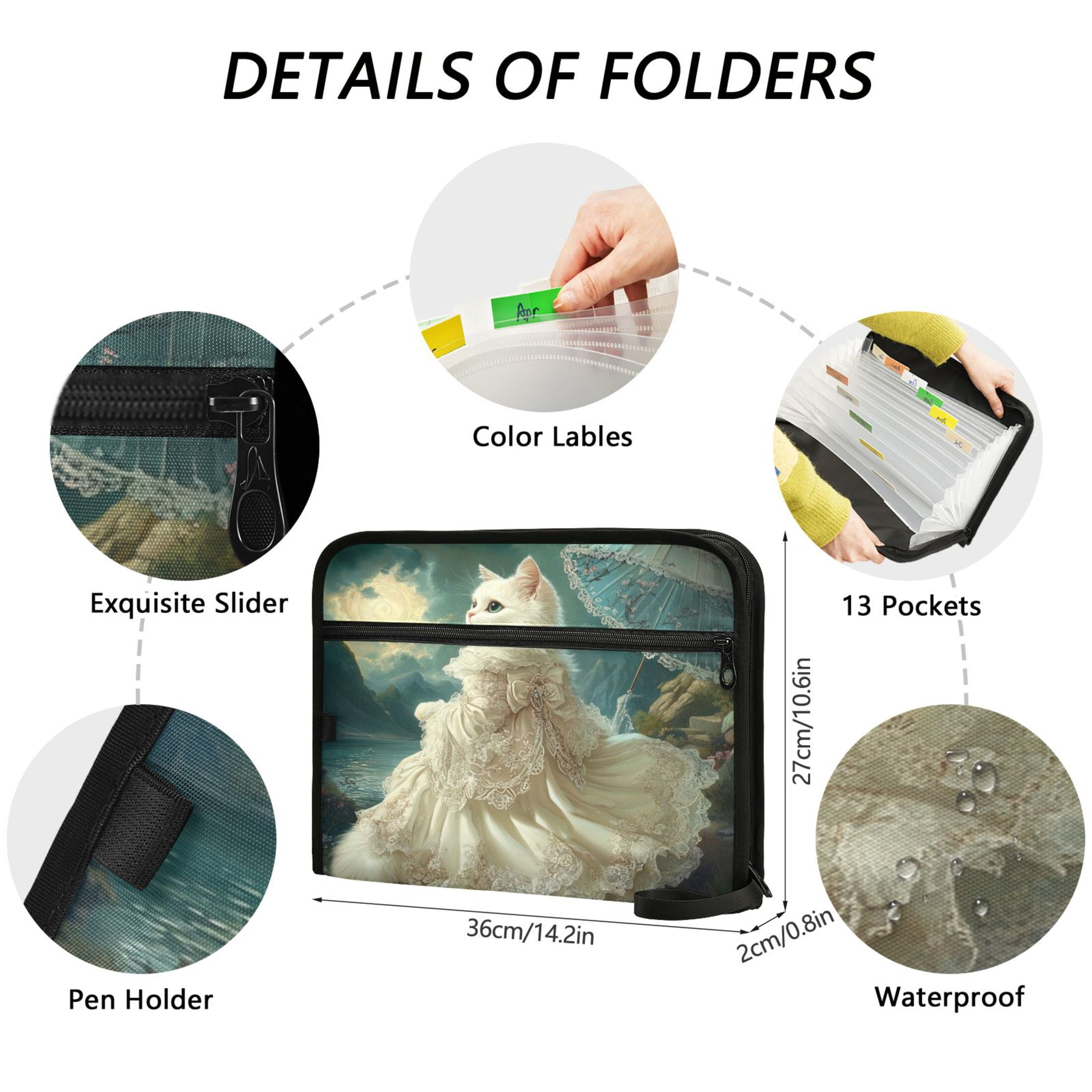 WOBOGO Princess White Cat Expanding File Folder Letter Size Accordion Filing Organizer 13 Pocket Separate Organ Pocket
