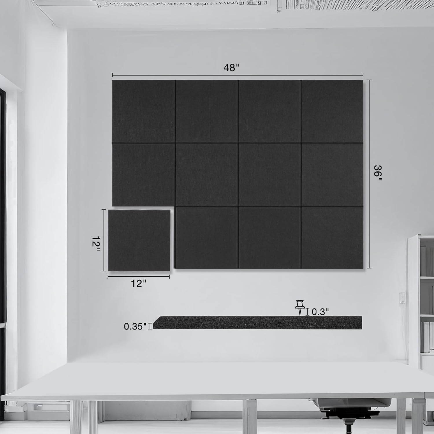 Large Cork Boards for Walls, 48" x 36", 12 Pack Bulletin Boards Alternative, Cork Board for Office, Black Felt Wall Tiles, with Removable Nano-Adhesive and Pushpins