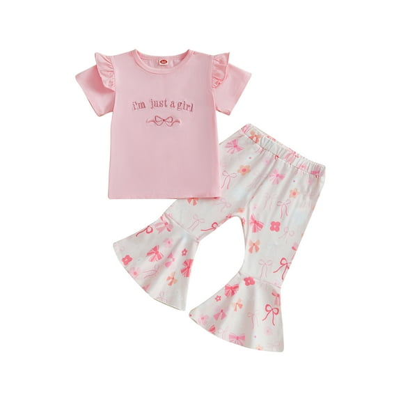 Kids Toddler Girl Summer Outfits 12 18 24 Months 2T 3T 4T 5T Letter Embroidery Ruffles Short Sleeves T-Shirt and Elastic Bow Flare Pants Cute Clothes