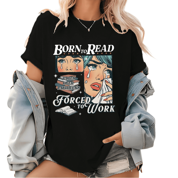 Retro Born to Read Forced to Work Acotar Graphic Womens T Shirt Funny Book Addict Print Tees Spicy Books Tops Black,2XL