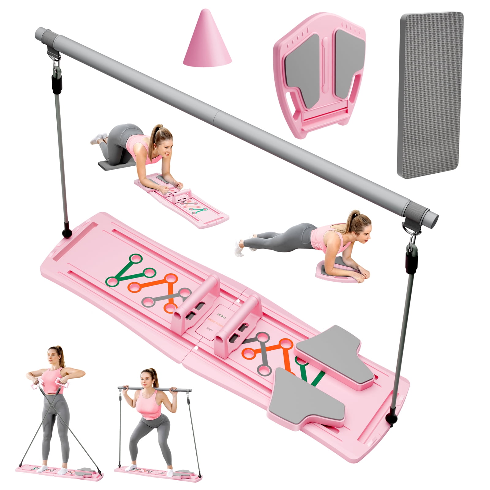 RICAN Pilates Board, Foldable Pilates Abdominal Board for Core Strength Training, Multi-Purpose 7 in 1 Pilates Reformer Machine for Women Workout, Exercise, Fitness, Abs, Pink
