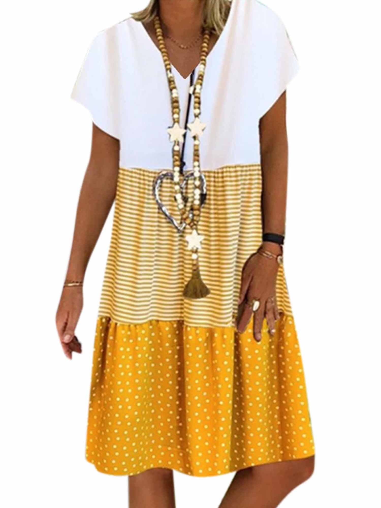 Women Short Sleeve Polka Dot Striped Summer Midi Dress Plus Size Casual ...