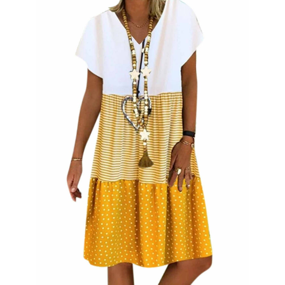 Wodstyle - Women Short Sleeve Polka Dot Striped Summer Midi Dress Plus ...