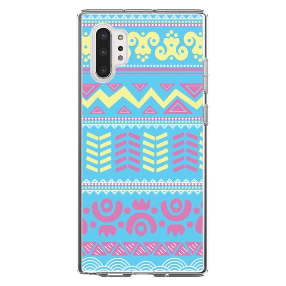 DistinctInk Clear Shockproof Hybrid Case for Galaxy Note 10 PLUS (6.8" Screen) - TPU Bumper, Acrylic Back, Tempered Glass Screen Protector - Yellow Pink Blue Aztec Tribal