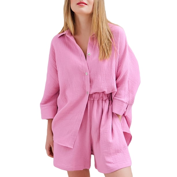 TRKIYQC Traje de dormir de 2 piezas para mujer, camisa de cuello vuelto de un solo pecho de manga 3/4 de color sólido + pantalones cortos de cintura elástica TRKIYQC moda