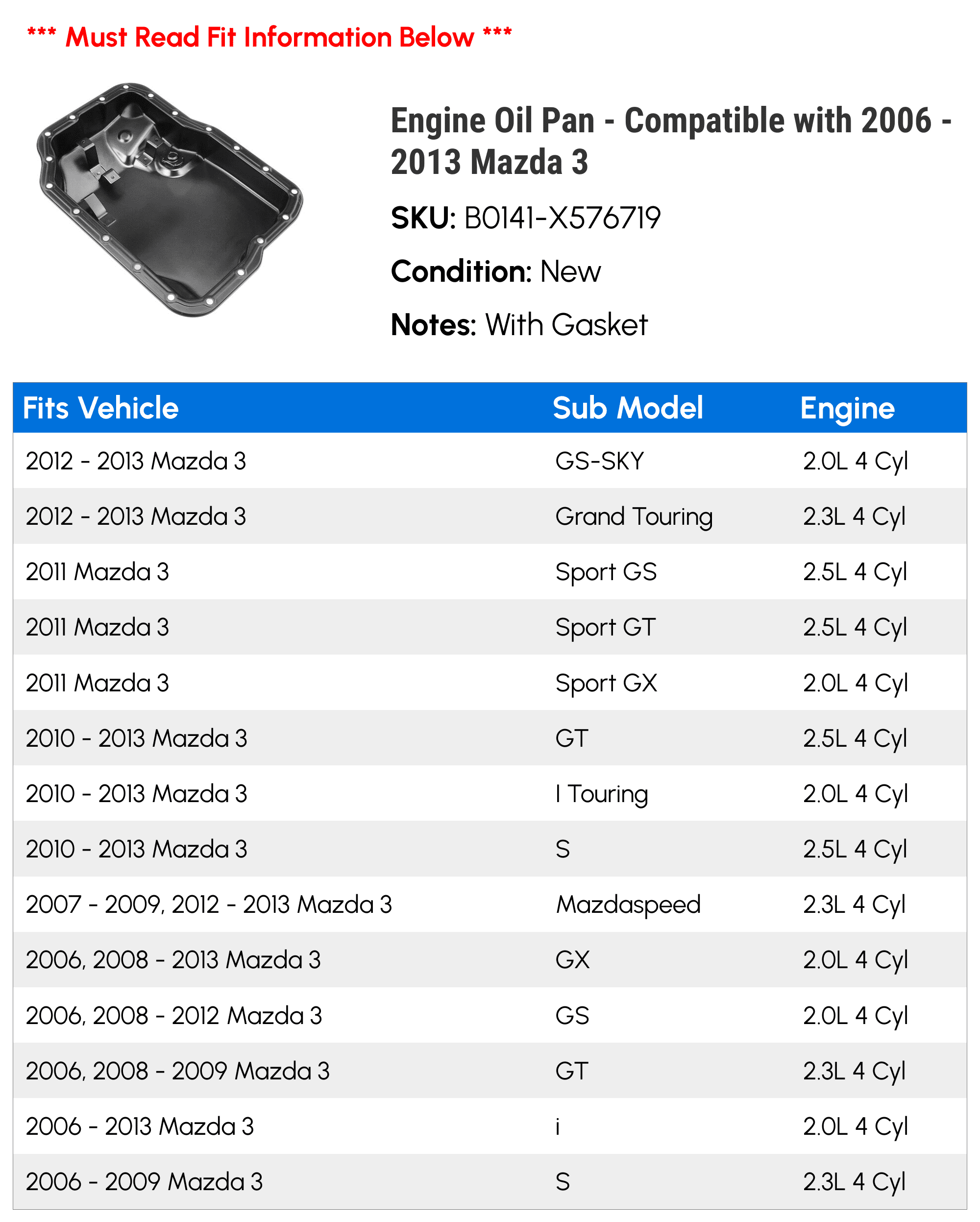 Engine Oil Pan - Compatible with 2006 - 2013 Mazda 3 - Autopart Premium