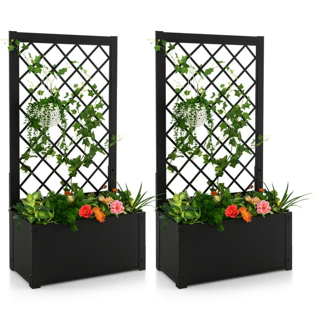 Patiojoy 2PCS 44" Metal Planter Box with Trellis Raised Garden Bed with Trellis, Elevated Lattice Planter for Climbing Plants