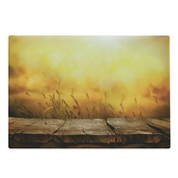 Fall Cutting Board, Empty Wooden Tabletop Layout Setting Sun Afternoon Wheat Agriculture Print, Decorative Tempered Glass Cutting and Serving Board, Large Size, Brown Orange Yellow, by Ambesonne