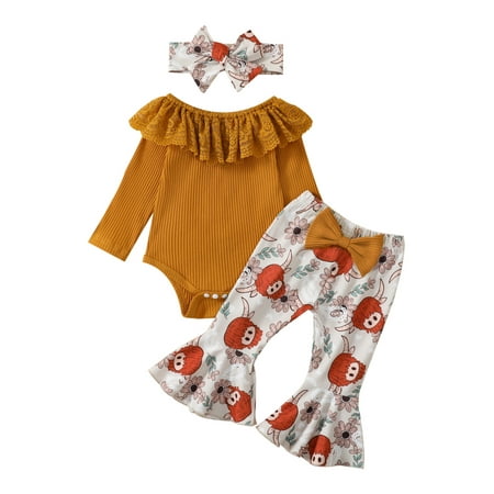 

Gureui Infant Toddler Baby Girls 3Pcs Outfit Sets Solid Color Long Sleeve Lace Ruffled Collar Ribbed Romper + Floral/Cow Print Flared Pants + Bowknot Headband for Spring Autumn