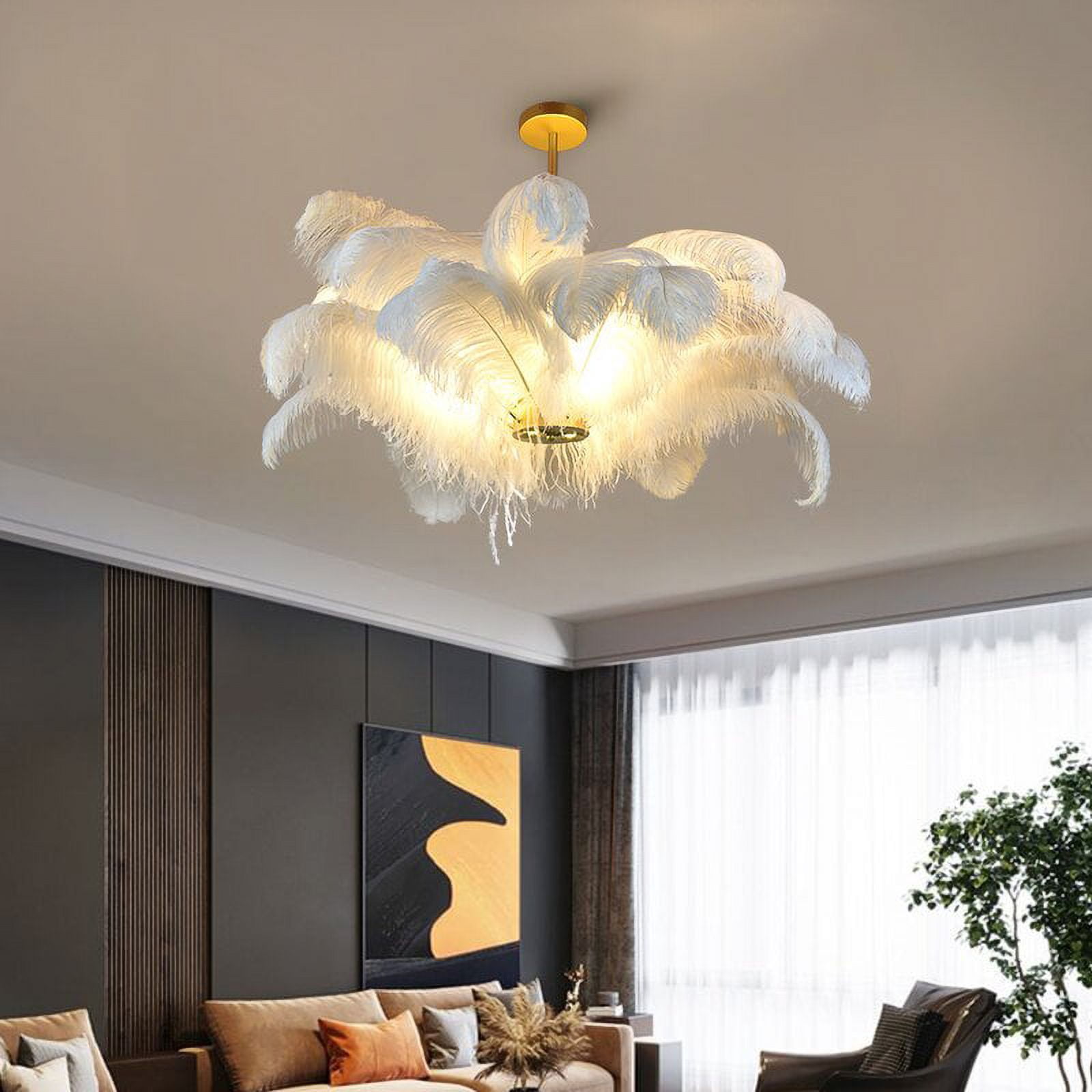 Arturesthome Nordic Modern Chandelier 3 Lights Ostrich Feather Hanging Ceiling Light Fixture Aluminum Pendant Lighting Fixture for Bar Dining Room Living Room Bedroom White