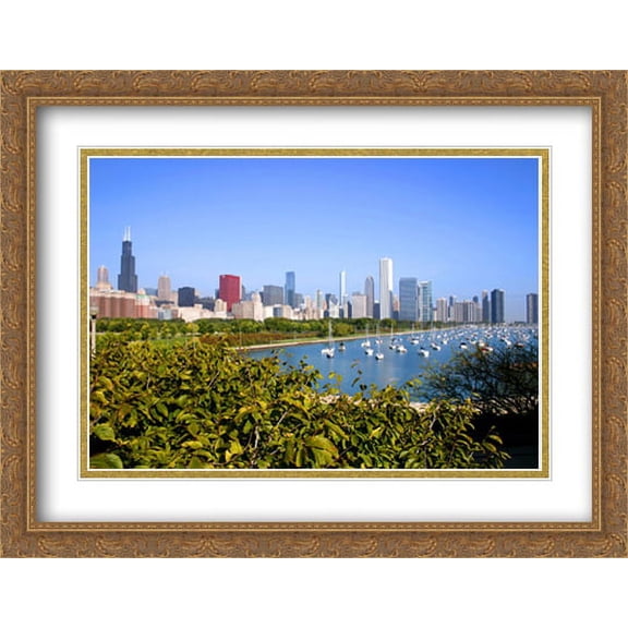 Chicago Cityscape and Lakefront 2x Matted 36x28 Large Gold Ornate Framed Art Print by The Cityscape Art Print Series