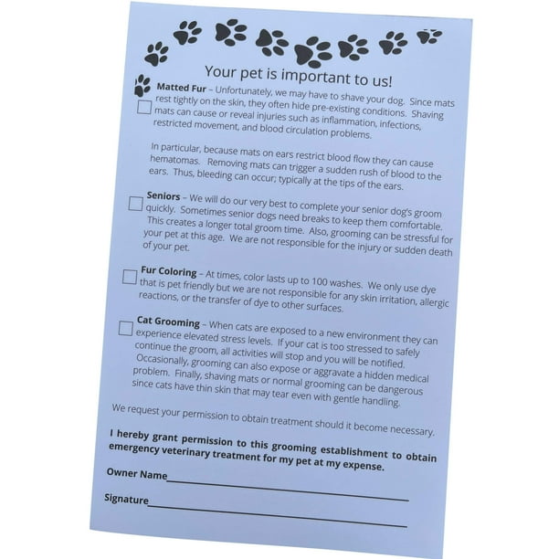 Grooming Pet Release Forms (100 Sheets, 5.5" X 8.5") Addresses Matted Fur,  Senior Dogs, Fur Coloring, and Cats - Walmart.com