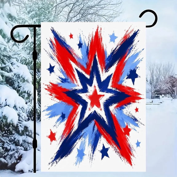 RKSupls Patriotic Linen Double Sided Garden Flag, Independence Day Themed Yard Decor, Brushstroke Star Burst Patriotic Outdoor Banner for Holiday Lawn
