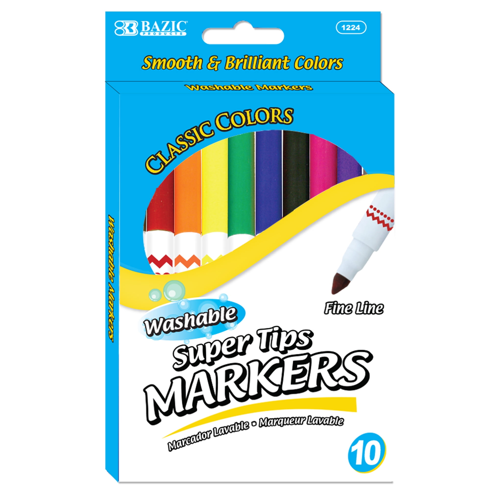 BAZIC Washable Markers Fine Line 10 Color, Thin Tip Coloring Marker