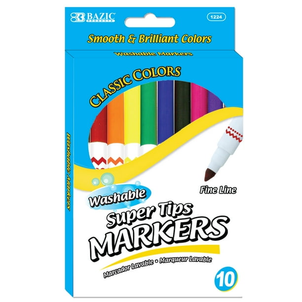 BAZIC Washable Markers Fine Line 10 Color, Thin Tip Coloring Marker