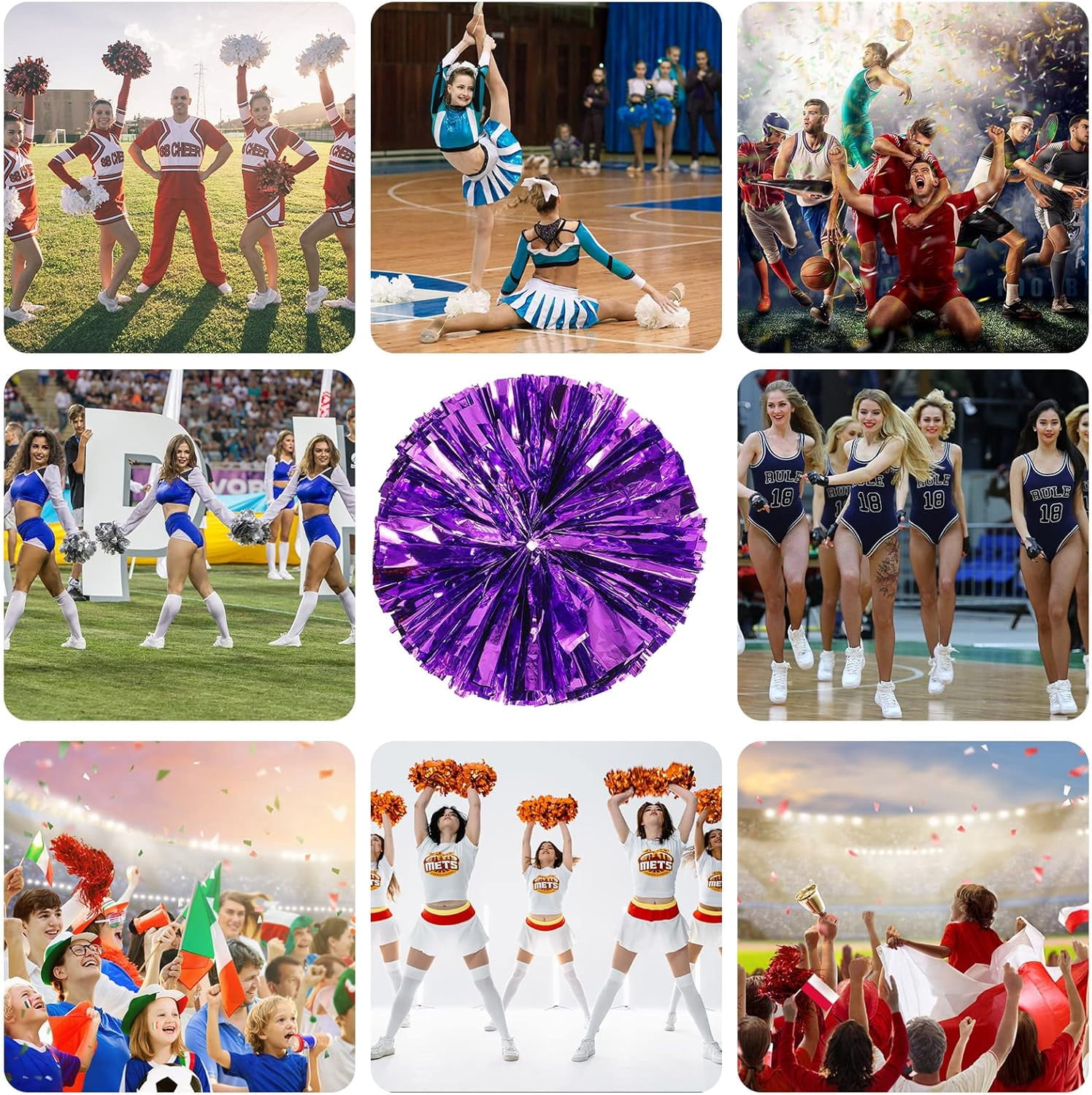 cheer pom pom, 20PCS Cheerleading Pom Poms, Premium Metallic Pom Poms Set Cheering Hand Flowers Handle Dance Pom Poms Cheering Squad Pompoms for Football Basketball Cheers