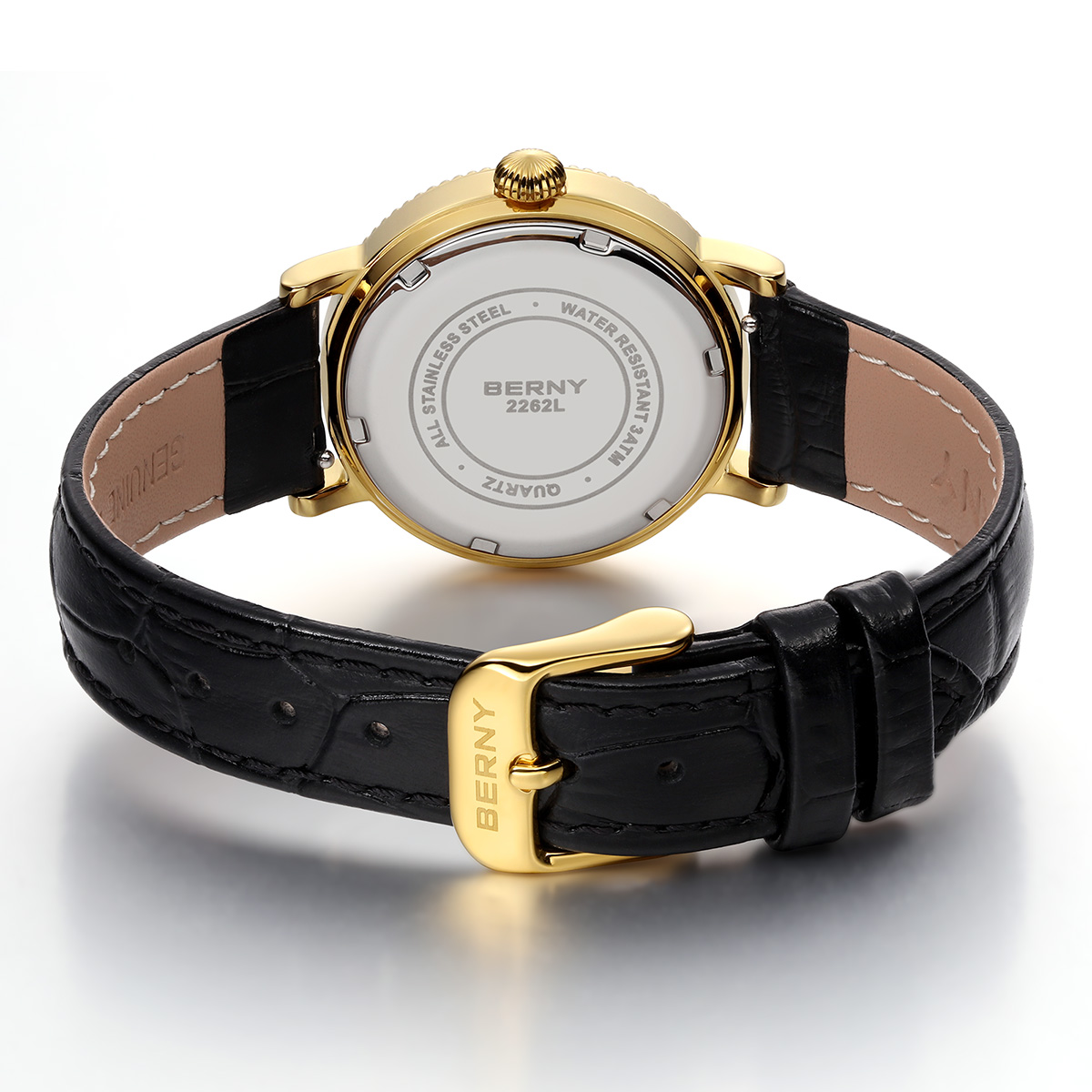 BERNY Womens Leather Watch, Vintage Roman Numerals Luxury Moon Phase Watch with Day & Date, Stainless Steel, Sapphire Crystal, Waterproof, Fashion Dress Analog Quartz Wrist Watches for Women (Gold)