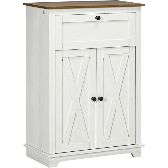 Farmhouse Barn Door Accent Cabinet, Kitchen Sideboard Storage Cabinet with Double Doors, Drawer, and Adjustable Shelf for Bedroom, Living Room, White