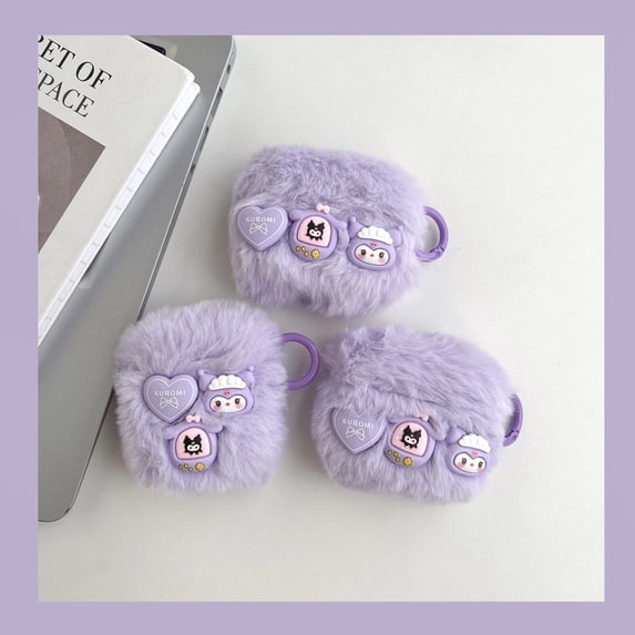 For AirPods 3rd Gen 2021/1/2/Pro case,Shockproof 3D Purple plush kulomi Case Cover With Ring