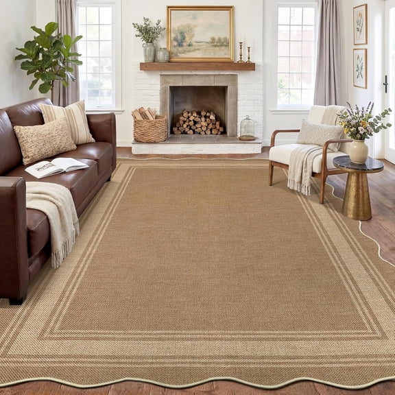 10x13 Washable Non Slip Scalloped Geometric Jute-Look Area Rug Indoor Outdoor Brown