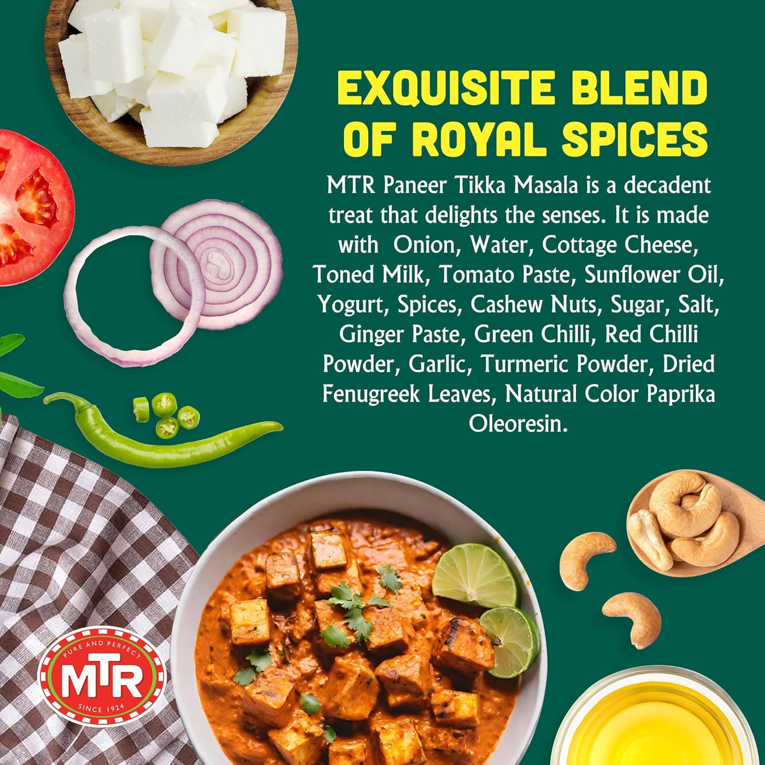 MTR Paneer Tikka Masala - Cottage Cheese with Spicy Onion Gravy - Tasty Indian Meal with No Added Preservatives - A Quick Meal Suitable for Vegetarians, Ready in Minutes! (300g, Pack of 6)