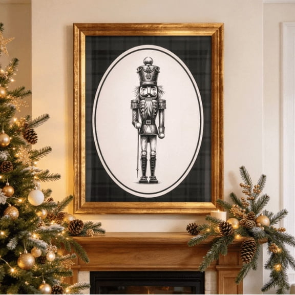 Nutcracker Print Framed Christmas Wall Art, Green Plaid Background Vintage Christmas Picture for Entryway and Hallway Display